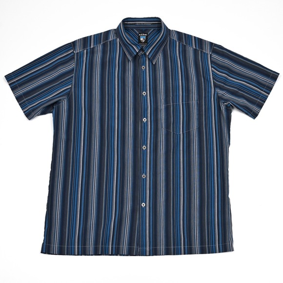 Kuhl Shirt Button Down Short Sleeve Blue Striped Hiking Men's Large Poly Blend - Picture 2 of 7